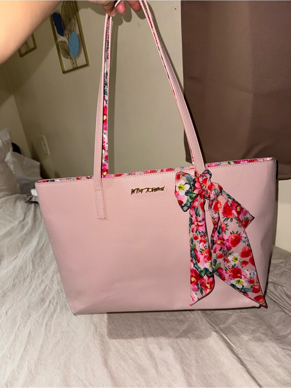 Betsey Johnson Women’s Pink Tote Bag Strawberry Floral Scarf Large